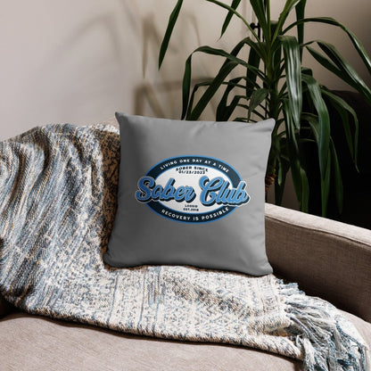 Sober Club Badge Sober Pillow flat lay styled image (view 3)