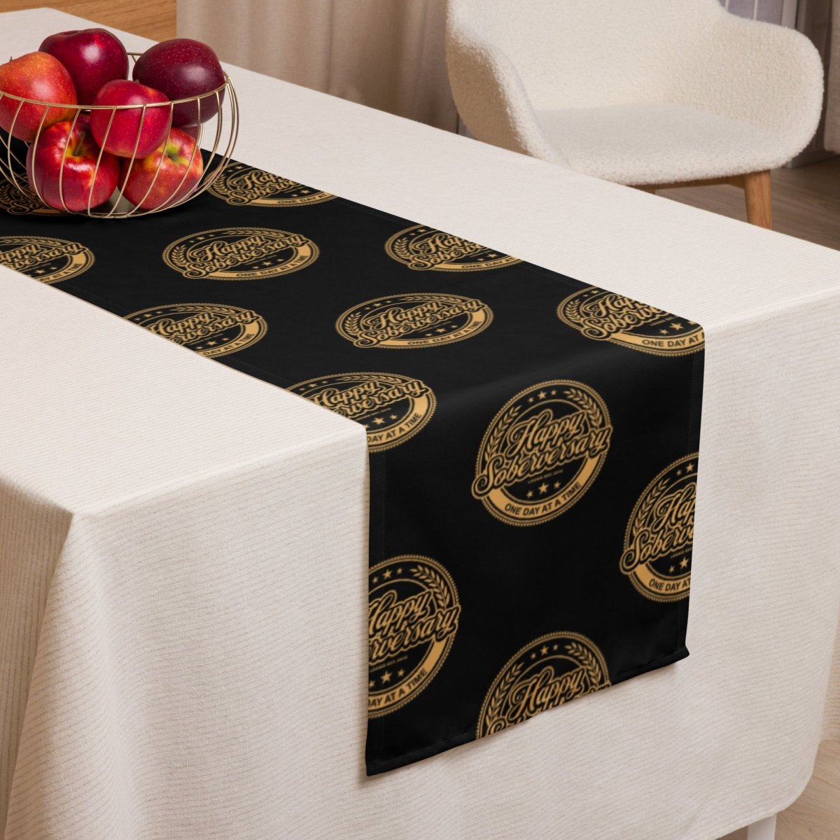 Loosid Black Happy Soberversary Table runner Sobriety Gift featuring the design