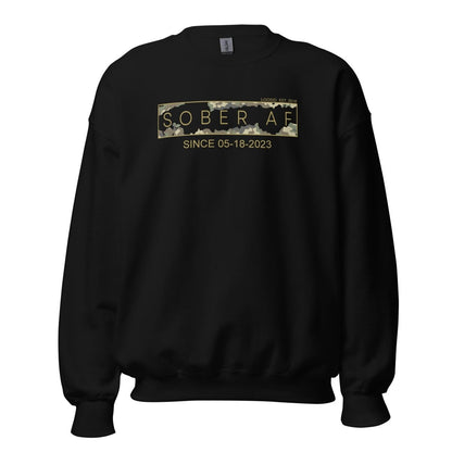 Sober AF Camo Recovery Hoodie flat lay styled image (view 3)