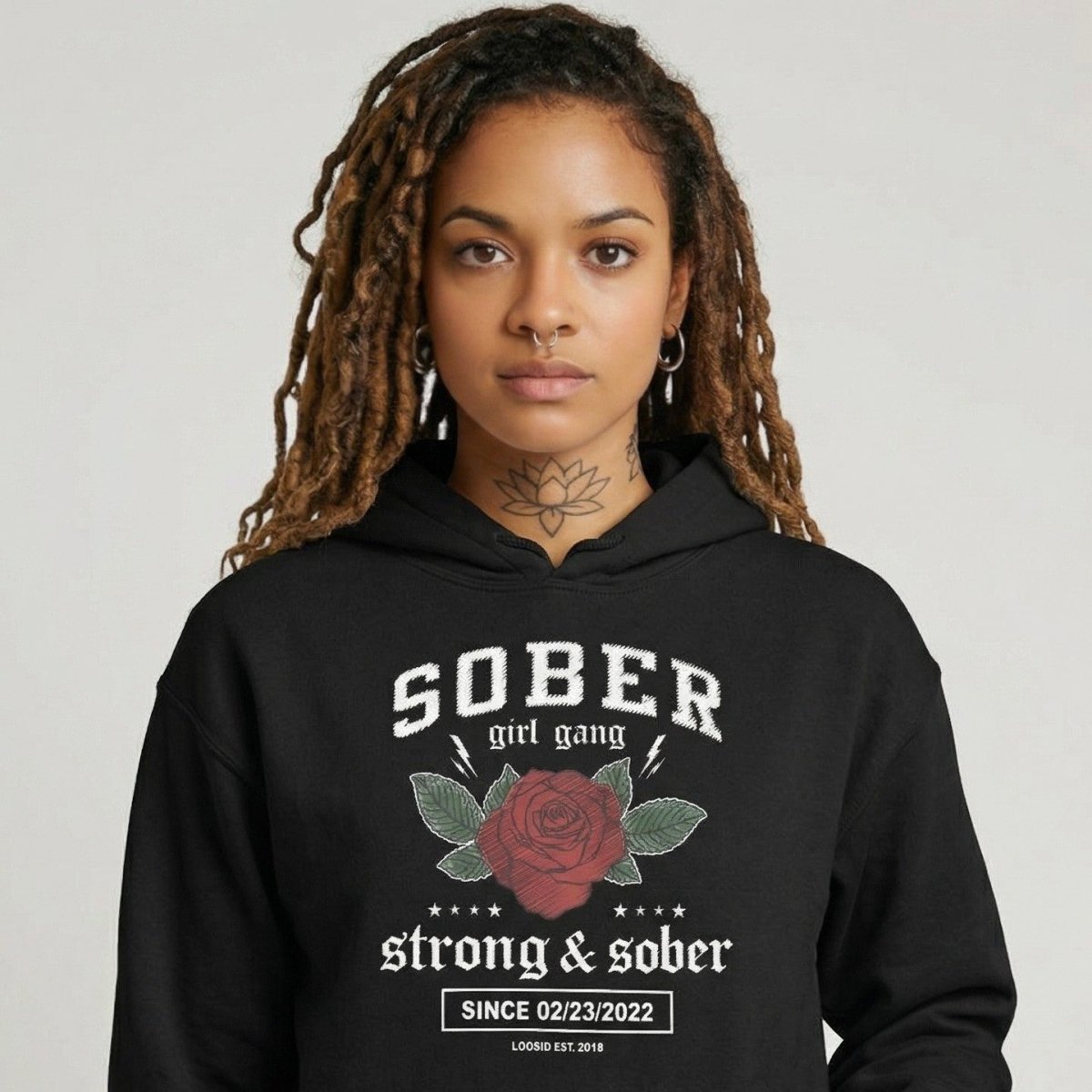 Loosid Sober Girl Gang Strong & Sober Crest Recovery Hoodie featuring the design