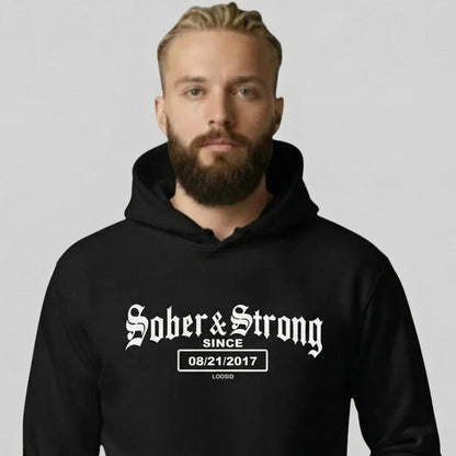 Sober & Strong Old School Recovery Hoodie close-up view (view 2)
