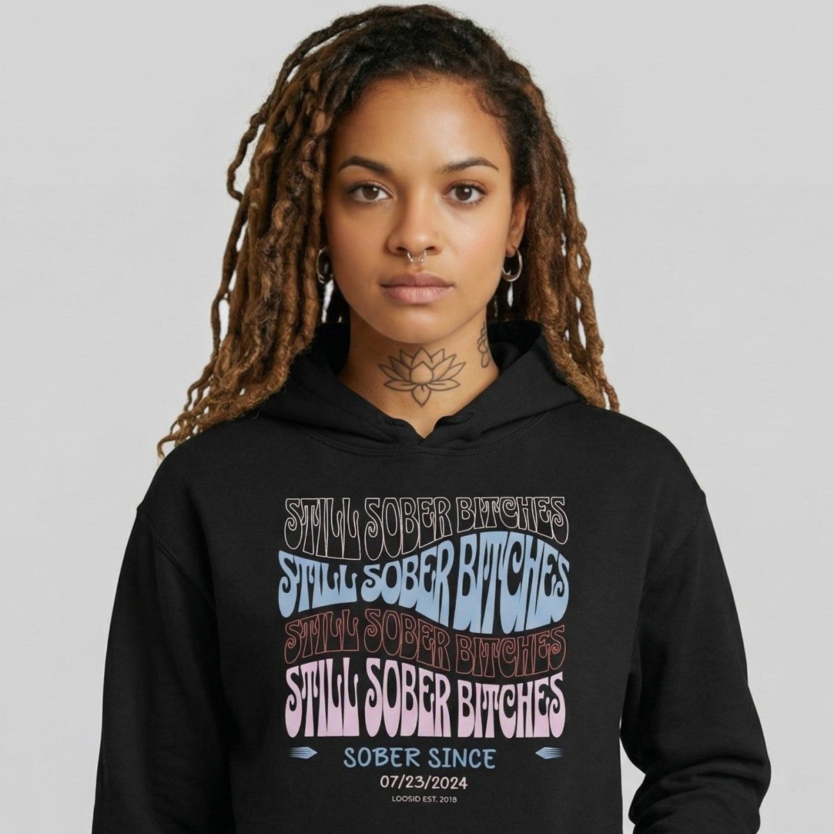 Still Sober B Custom Sobriety Date Recovery Hoodie close-up view (view 2)