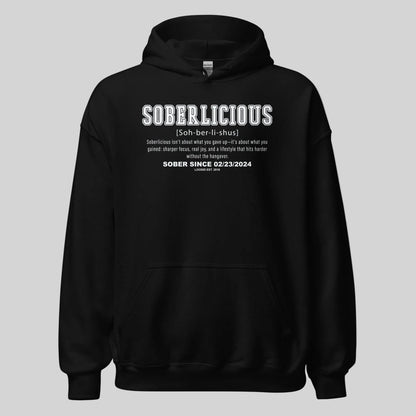 Soberlicious Definition Hoodie w Custom Sobriety Date Recovery Hoodie graphic detail (view 4)