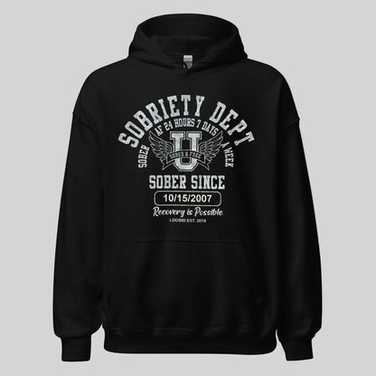 Sobriety Dept Recovery Hoodie close-up view (view 2)