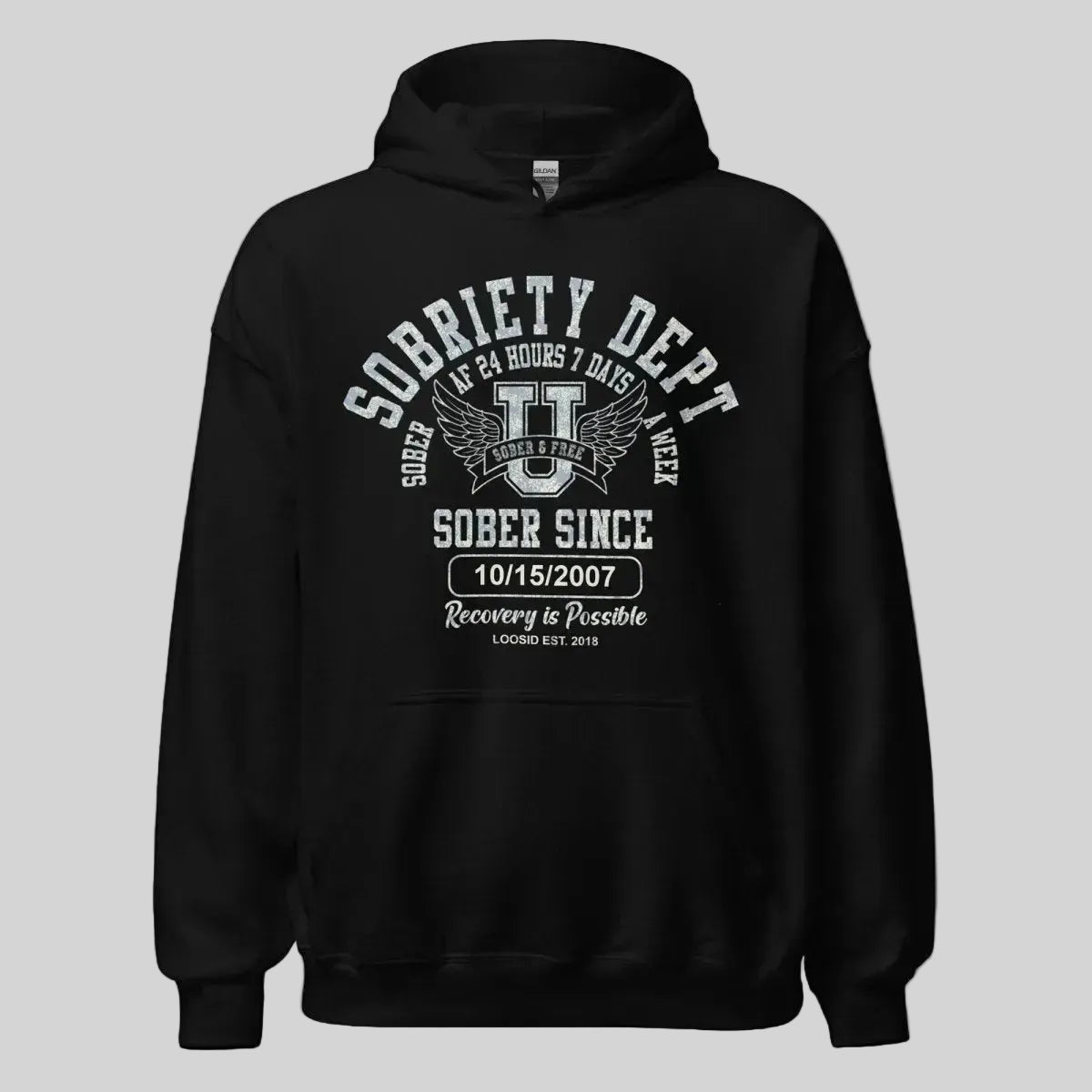 Loosid Sobriety Dept Recovery Hoodie featuring the design