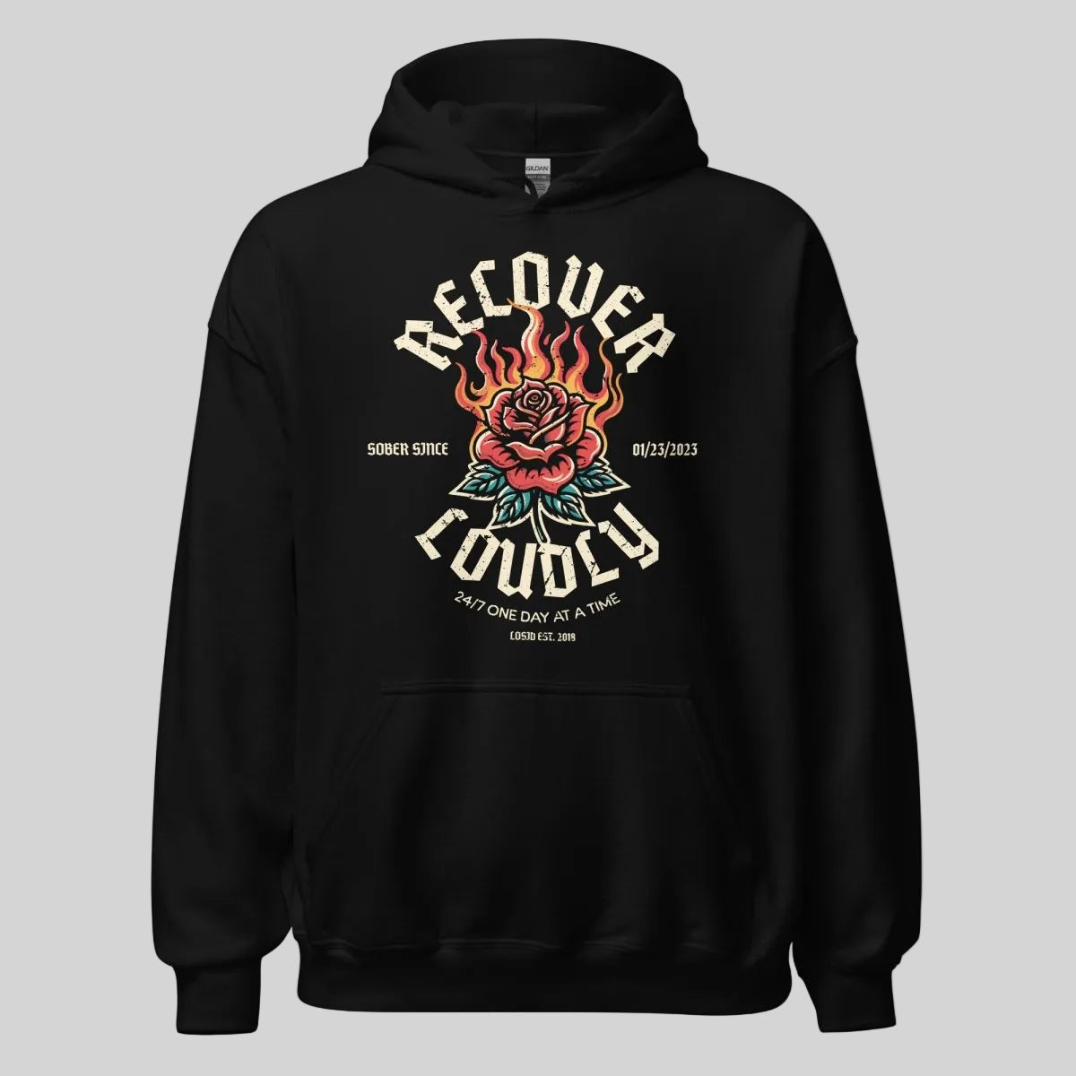 Recover Loudly Custom Sobriety Date Recovery Hoodie back view (view 17)