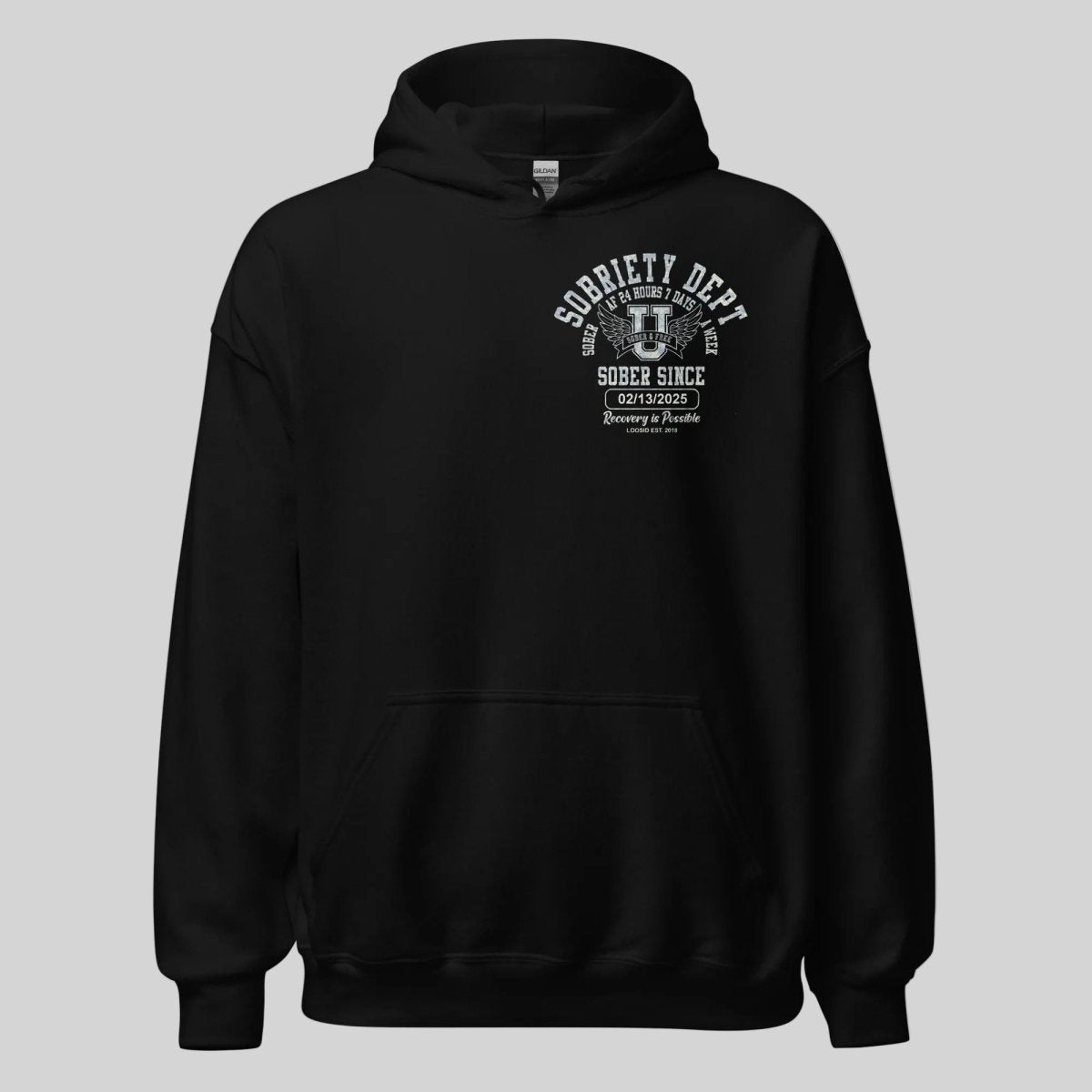 Sobriety Dept Sober AF Recovery Hoodie flat lay styled image (view 3)
