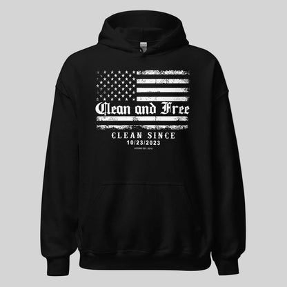 Clean and Free Custom Recovery Date Recovery Hoodie flat lay styled image (view 3)