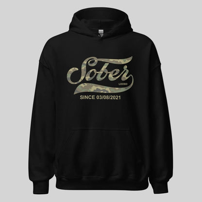Sober Since Camo Recovery Hoodie close-up view (view 2)
