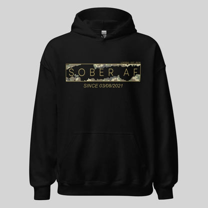 Sober AF Camo Recovery Hoodie close-up view (view 2)
