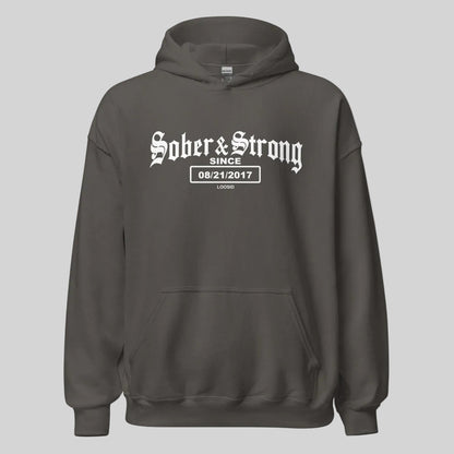 Sober & Strong Old School Recovery Hoodie flat lay styled image (view 13)