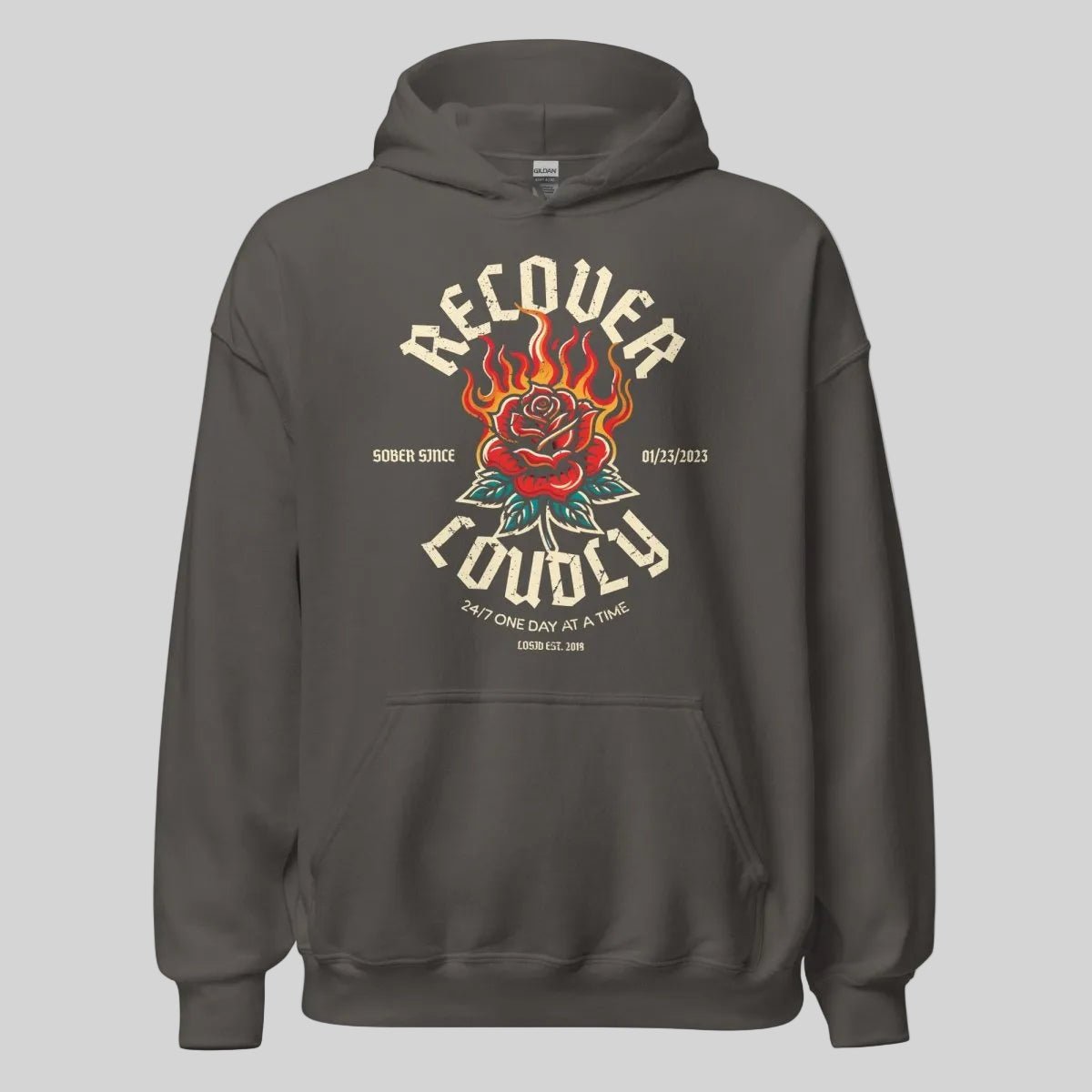 Loosid Recover Loudly Custom Sobriety Date Recovery Hoodie featuring the design