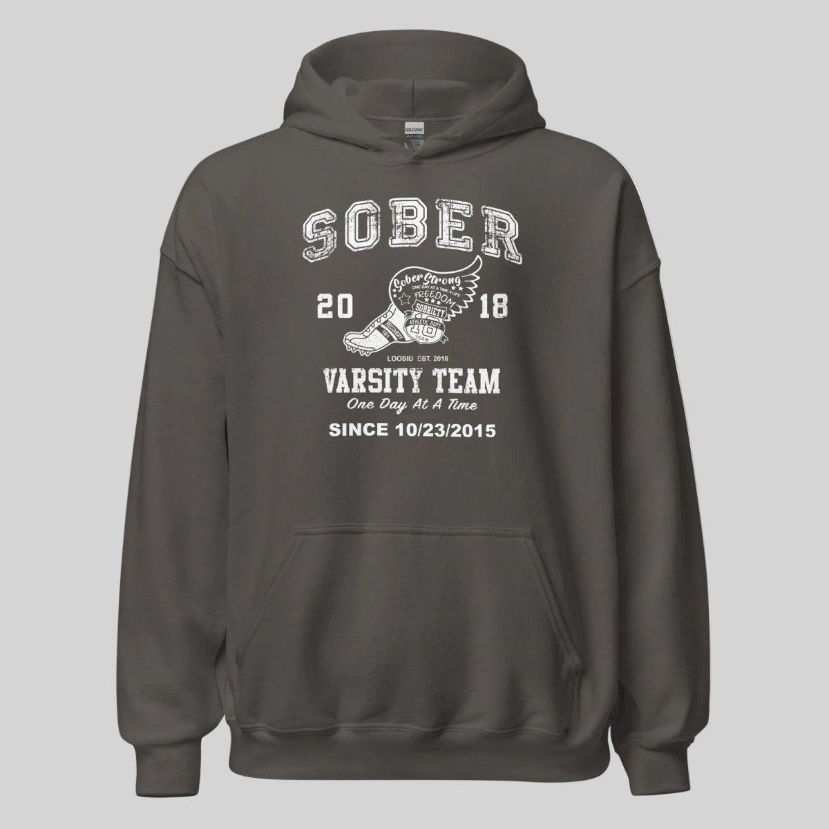Sober Varsity Team Recovery Hoodie flat lay styled image (view 3)