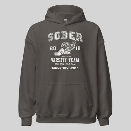Sober Varsity Team Recovery Hoodie flat lay styled image (view 3)