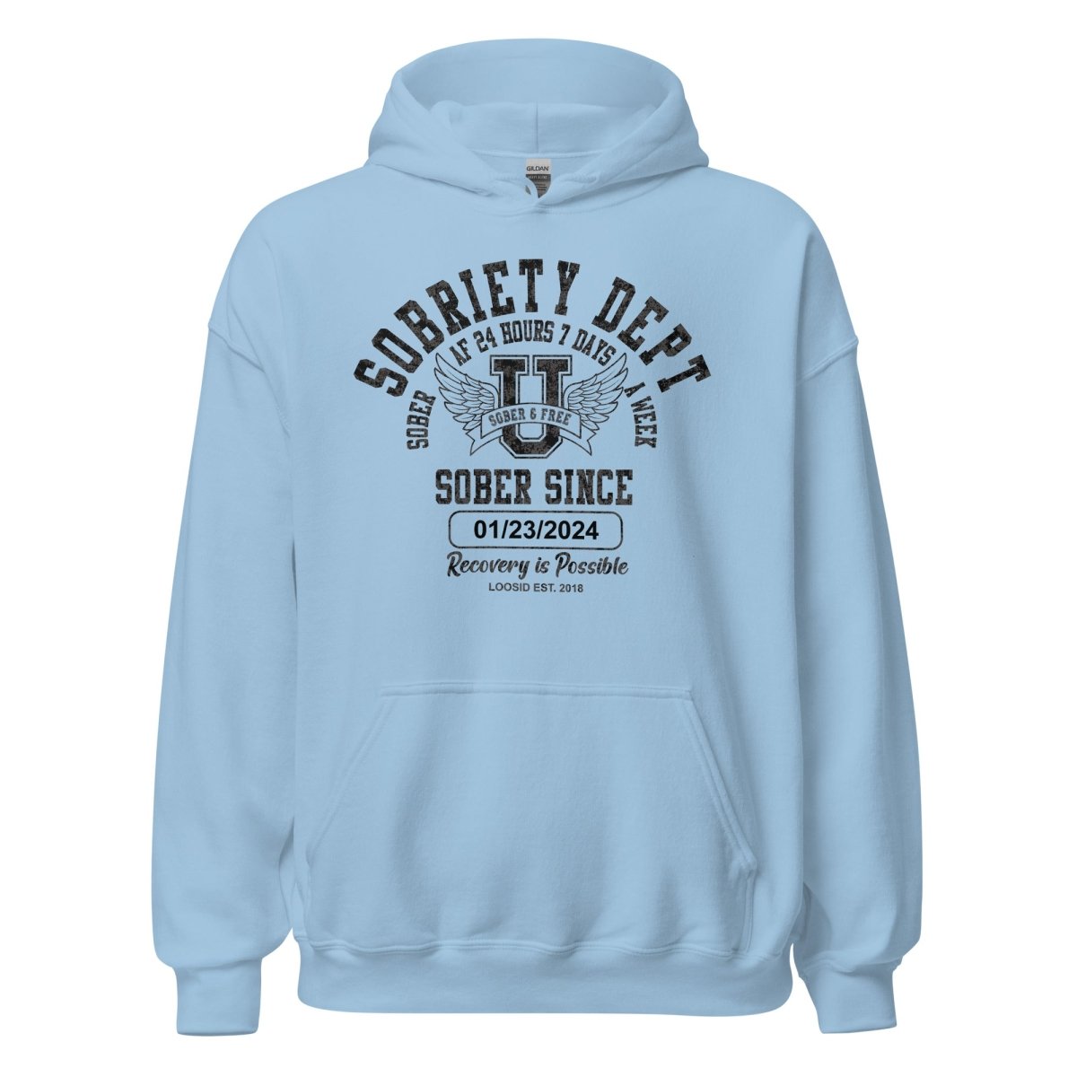 Sobriety Dept Recovery Hoodie flat lay styled image (view 43)