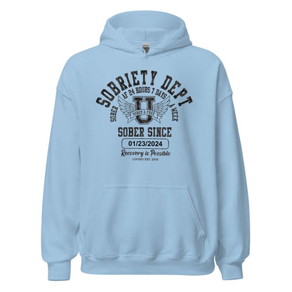 Sobriety Dept Recovery Hoodie flat lay styled image (view 43)