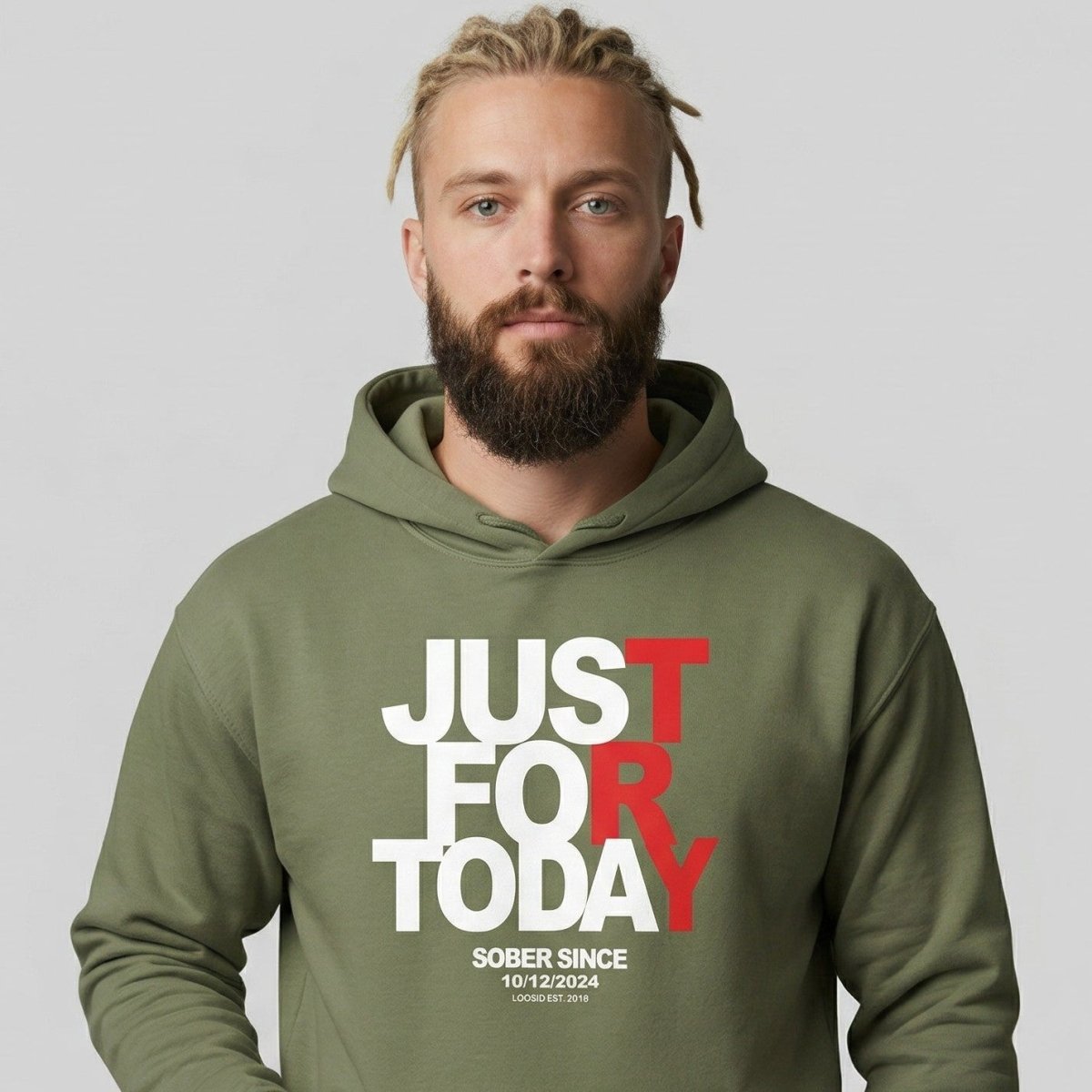 Just For Today Custom Sobriety Date Recovery Hoodie close-up view (view 2)