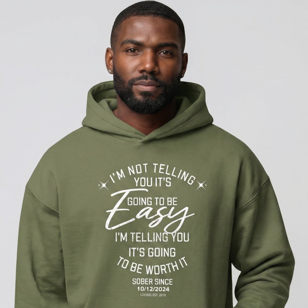 I'm Not Telling You It's Easy Custom Sobriety Date Recovery Hoodie fit detail (view 19)