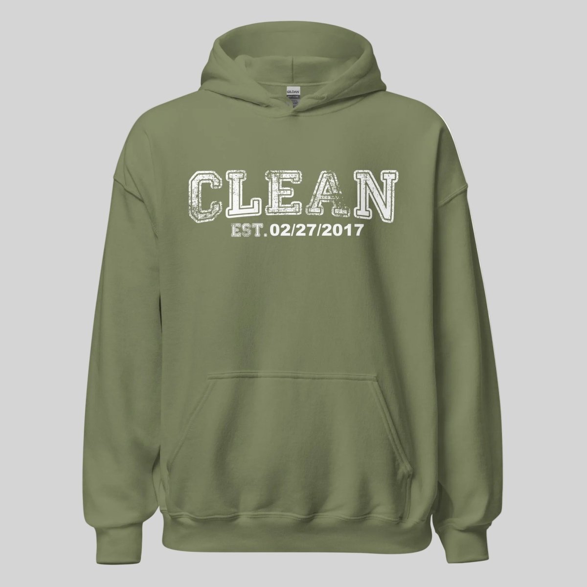 Clean Collegiate Hoodie W Personalize Recovery Date Recovery Hoodie flat lay styled image (view 3)