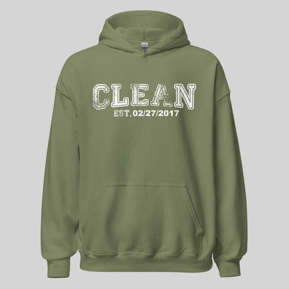 Clean Collegiate Hoodie W Personalize Recovery Date Recovery Hoodie flat lay styled image (view 3)