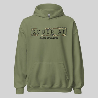 Sober AF Camo Recovery Hoodie close-up view (view 32)