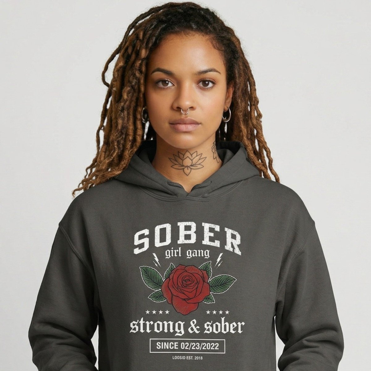 Sober Girl Gang Strong & Sober Crest Recovery Hoodie flat lay styled image (view 43)