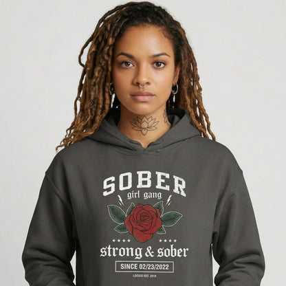 Sober Girl Gang Strong & Sober Crest Recovery Hoodie flat lay styled image (view 43)