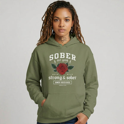 Sober Girl Gang Strong & Sober Crest Recovery Hoodie fit detail (view 49)