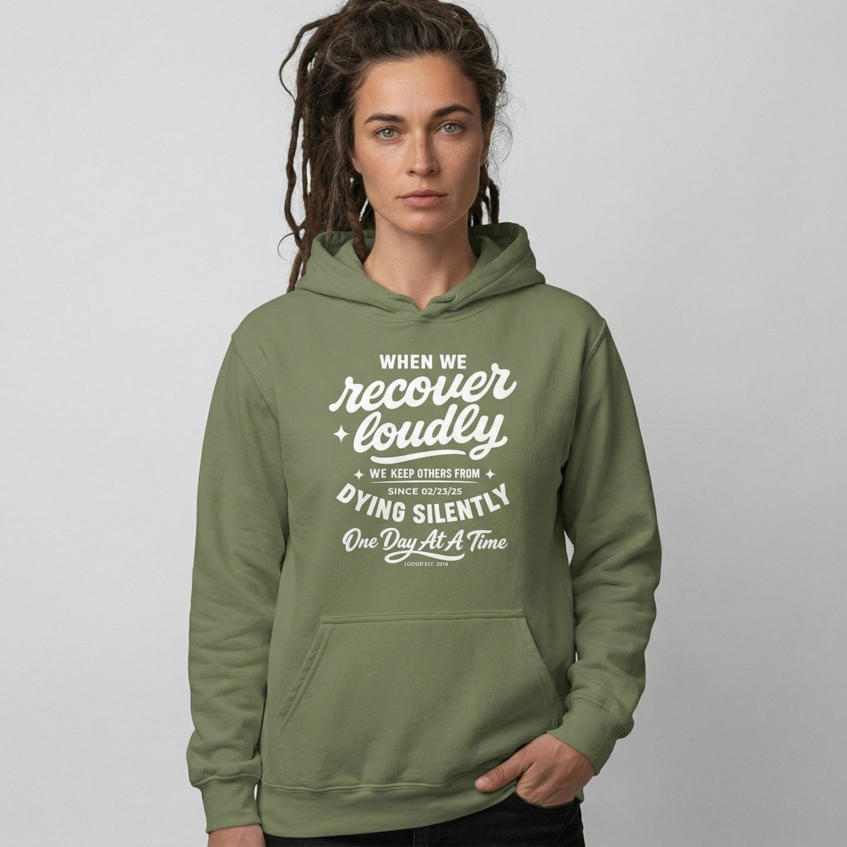 When we recover loudly Recovery Hoodie flat lay styled image (view 13)