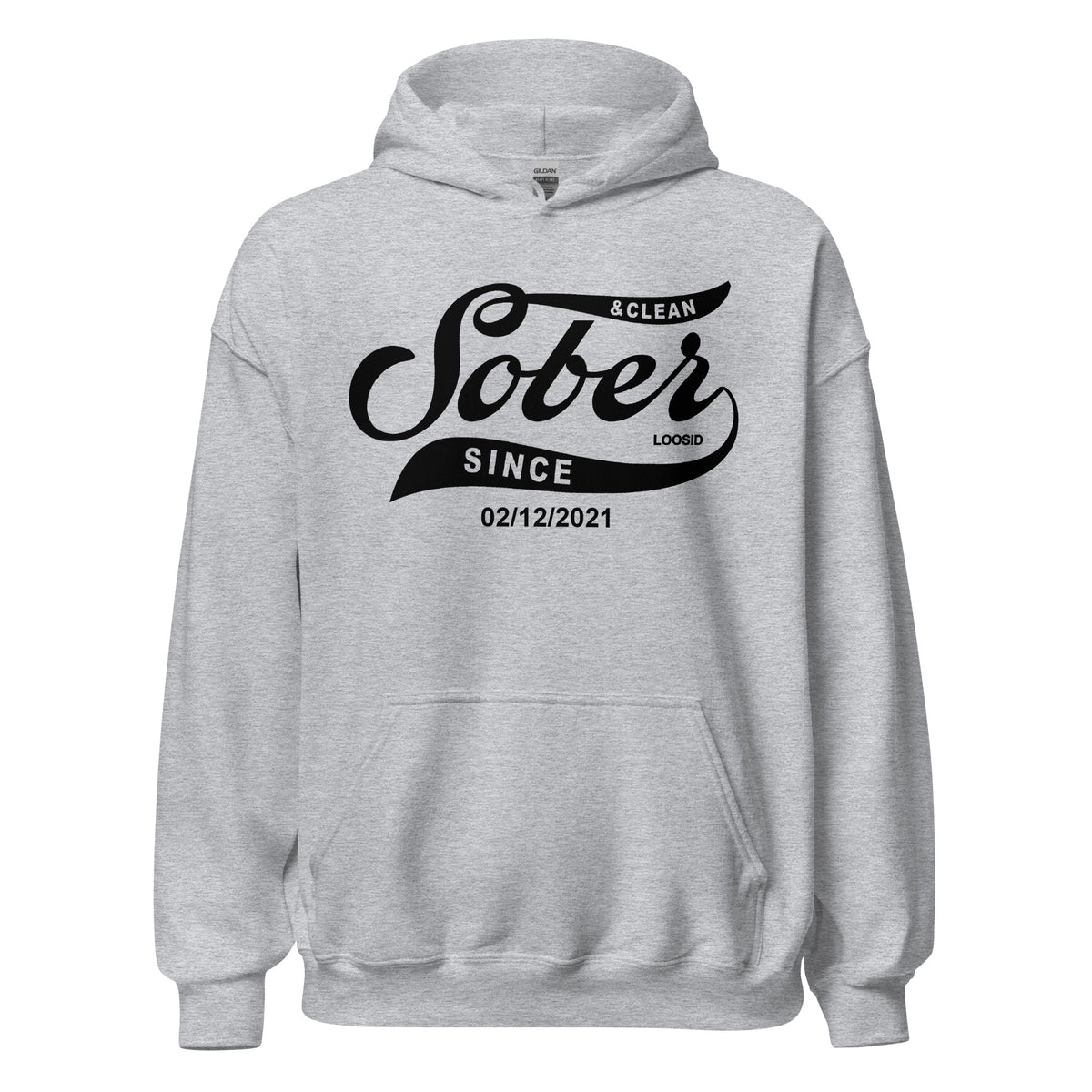 Front view of unisex recovery hoodie with Sober Since design