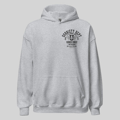 Sobriety Dept Recovery Hoodie flat lay styled image (view 23)