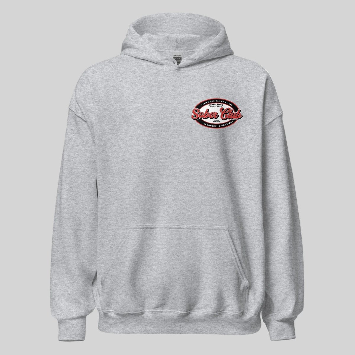 Sober Club Badge Recovery Hoodie flat lay styled image (view 13)