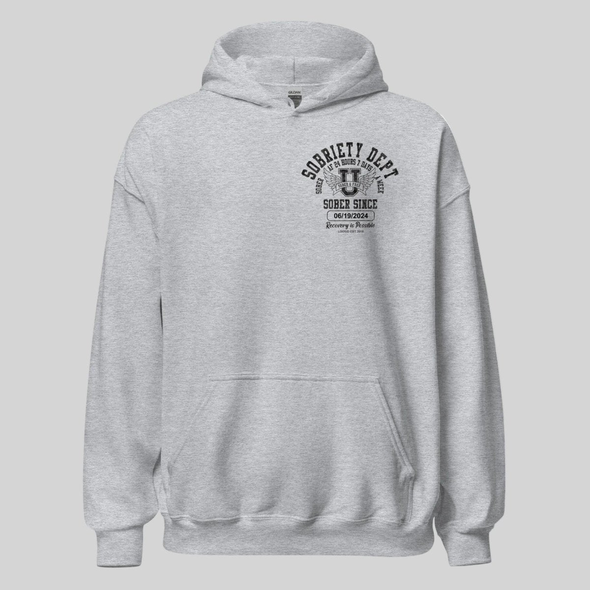 Sobriety Dept Sober AF Recovery Hoodie flat lay styled image (view 23)