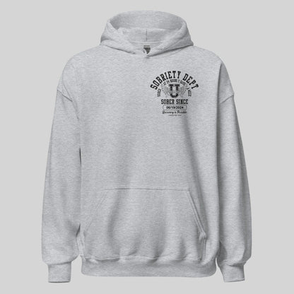 Sobriety Dept Sober AF Recovery Hoodie flat lay styled image (view 23)
