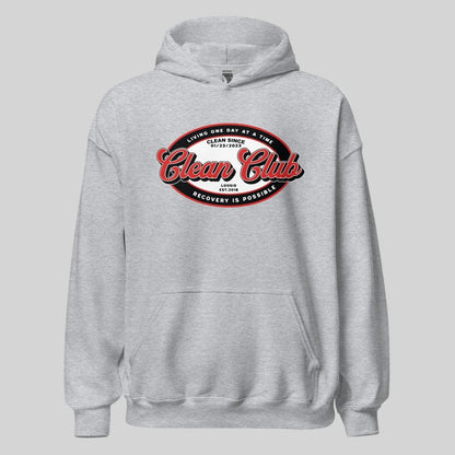 Clean Club Badge Recovery Hoodie flat lay styled image (view 3)