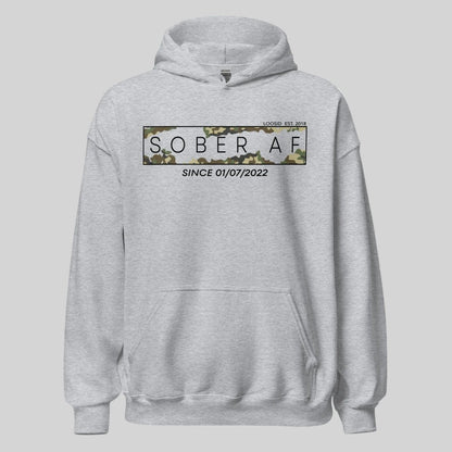 Sober AF Camo Recovery Hoodie close-up view (view 22)