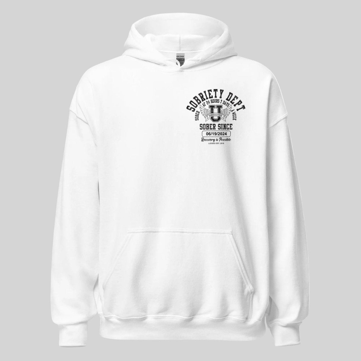 Sobriety Dept Recovery Hoodie flat lay styled image (view 33)