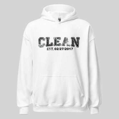 Clean Collegiate Hoodie W Personalize Recovery Date Recovery Hoodie flat lay styled image (view 23)