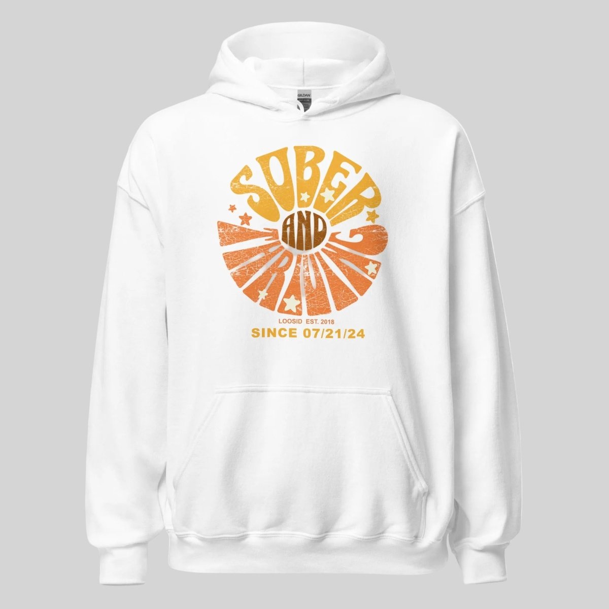 Sober & Thriving Recovery Hoodie flat lay styled image (view 3)