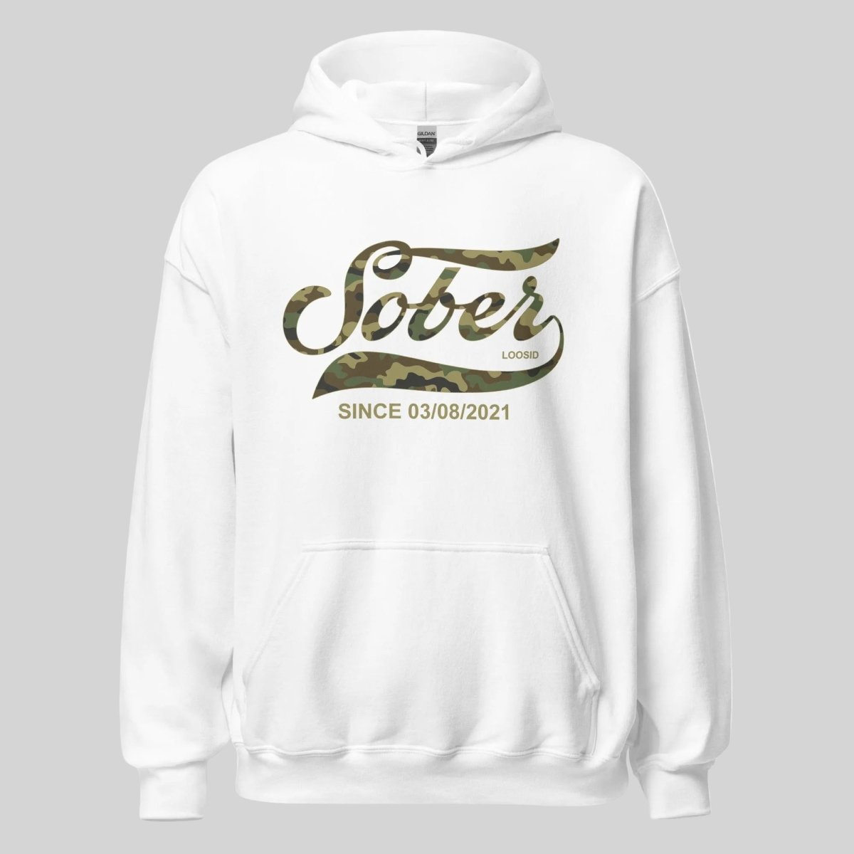 Sober Since Camo Recovery Hoodie close-up view (view 22)