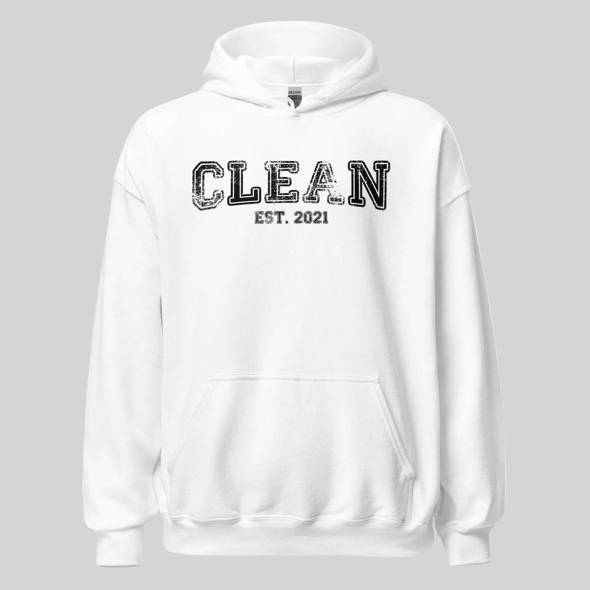 Clean Est. Hoodie w Personalized Recovery Year Recovery Hoodie flat lay styled image (view 3)