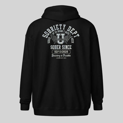 Sobriety Dept Zip Recovery Hoodie flat lay styled image (view 13)
