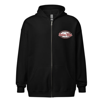 Sober Club Badge Unisex Zip Recovery Hoodie flat lay styled image (view 3)