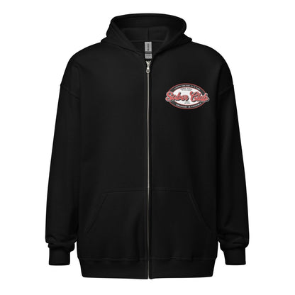 Sober Club Badge Left Chest Print Unisex Zip Recovery Hoodie close-up view (view 2)