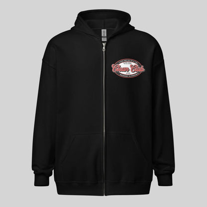 Clean Club Badge Unisex Zip Recovery Hoodie flat lay styled image (view 3)