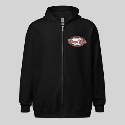 Clean Club Badge Left Chest Print Unisex Zip Recovery Hoodie flat lay styled image (view 3)