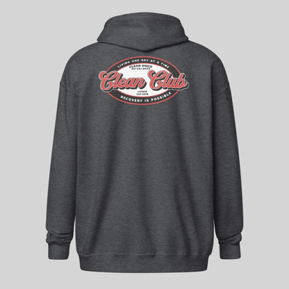 Clean Club Badge Left Chest Print Unisex Zip Recovery Hoodie fit detail (view 9)