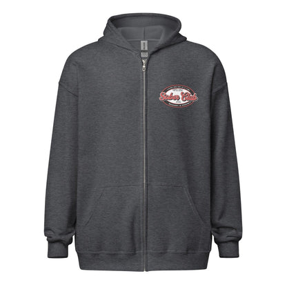 Sober Club Badge Unisex Zip Recovery Hoodie flat lay styled image (view 13)