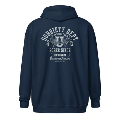 Sobriety Dept Zip Recovery Hoodie flat lay styled image (view 13)