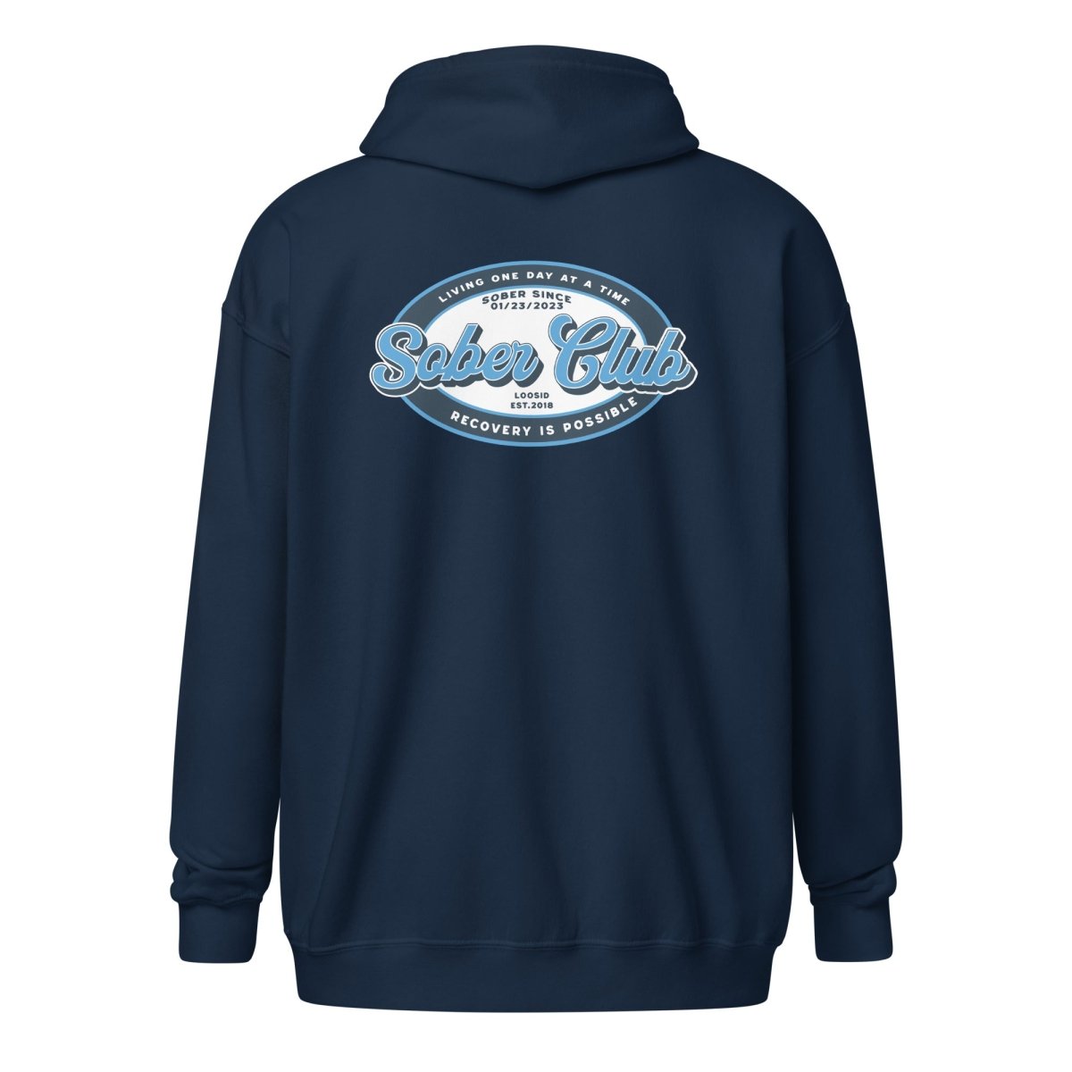 Sober Club Badge Left Chest Print Unisex Zip Recovery Hoodie featuring the design (view 11)
